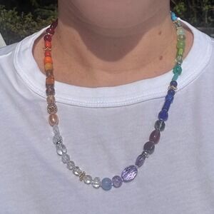 Handmade Beaded Necklace Womens 22" Rainbow Upcycled Ombre Statement